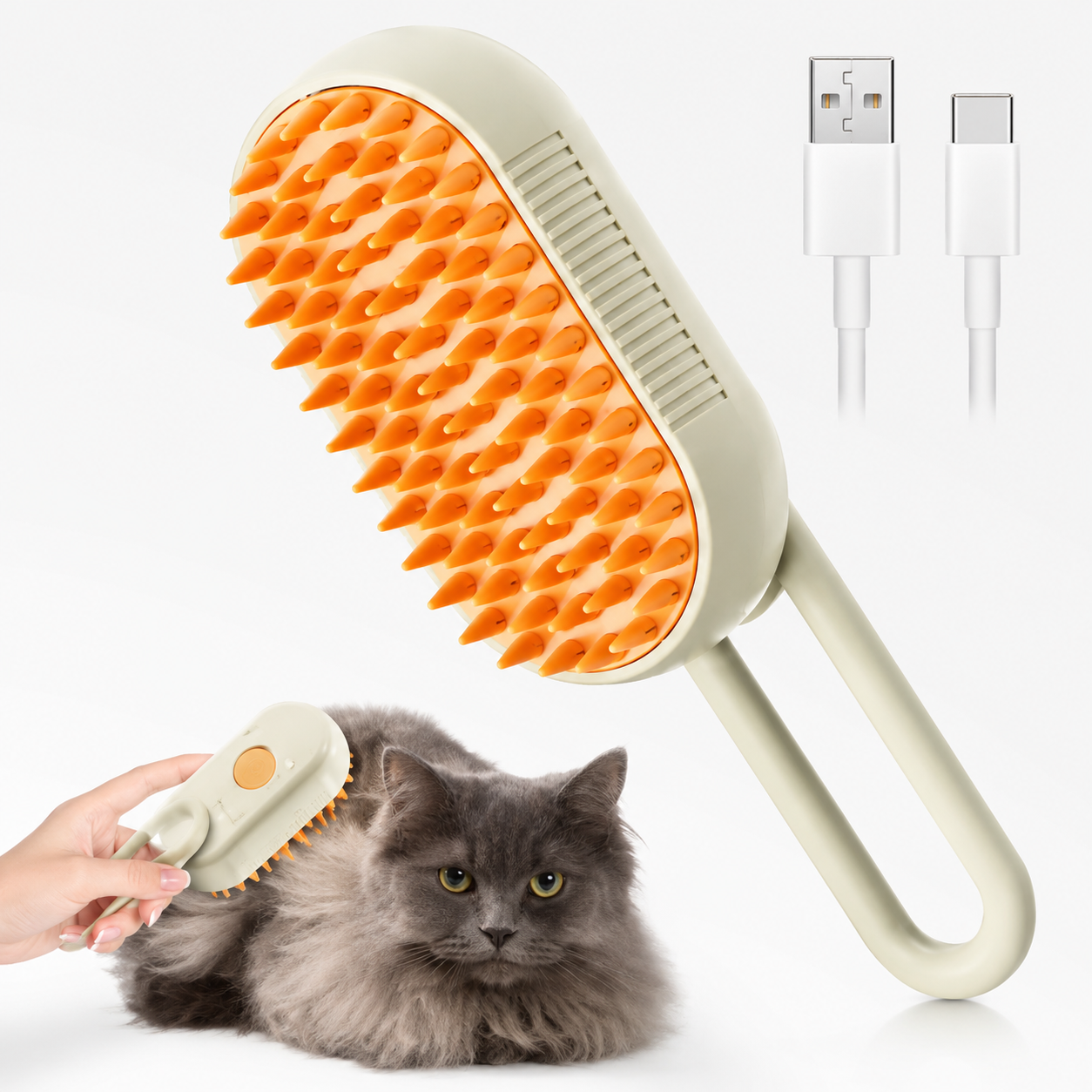 SteamGroom Pro steam pet brush in Coffee Brown with USB-C cable while a cat is groomed