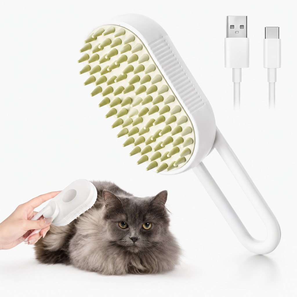 SteamGroom Pro steam pet brush in Classic White with USB-C cable while a cat is groomed