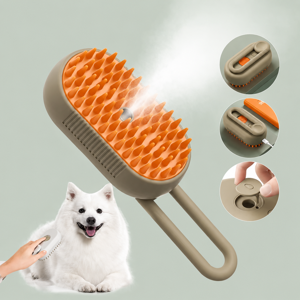 SteamGroom Pro steam pet brush misting while grooming a fluffy white dog, with steam, charging and tank details