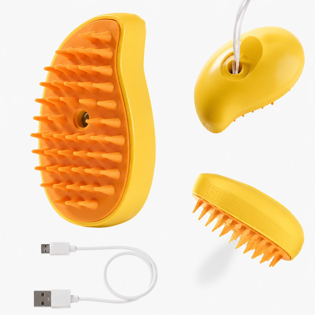 SteamGroom Pro steam pet brush in Mango Yellow with USB charging cable