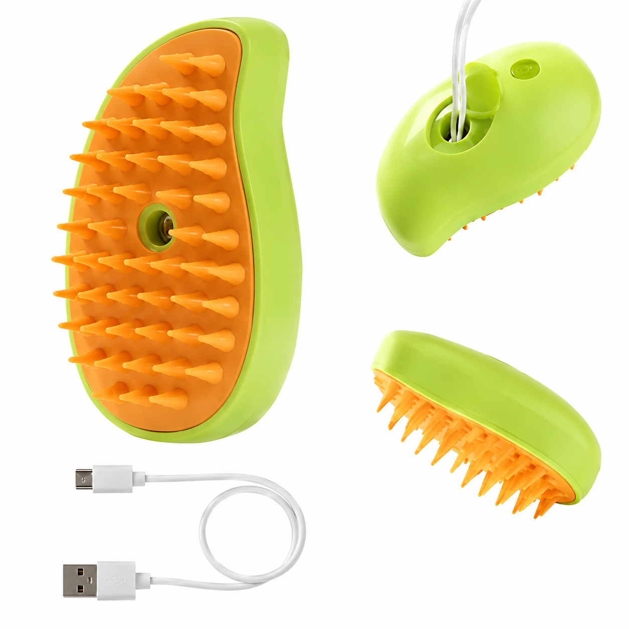 SteamGroom Pro steam pet brush in Mango Green with USB charging cable
